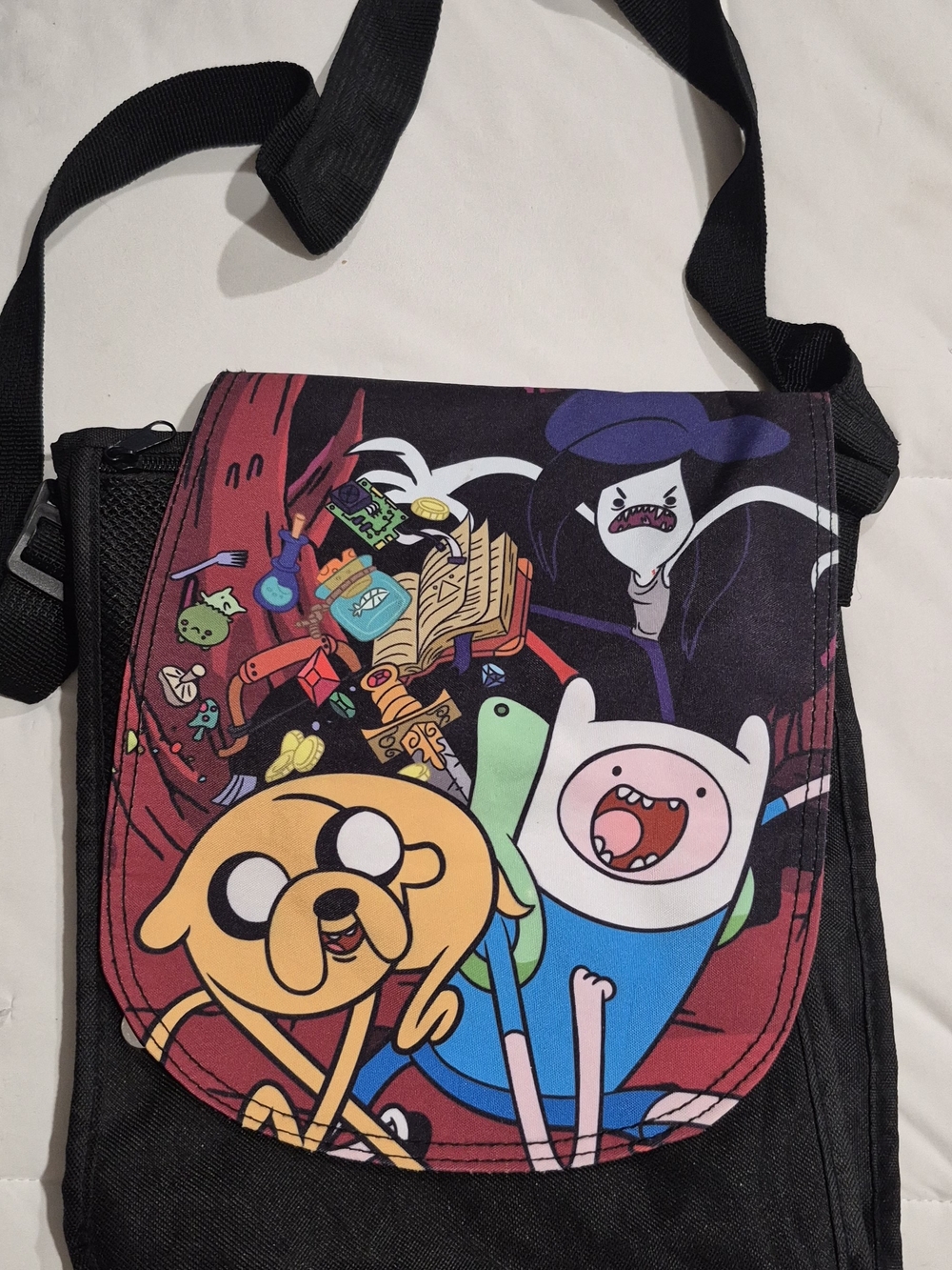 Black Adventure Time Cartoon Messenger Bag with Colorful Print